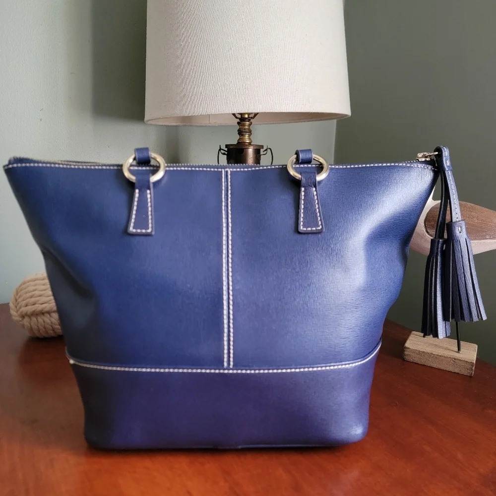 Dooney & Bourke Blue Saffiano Leather Top Zip Shopper Tote Bag